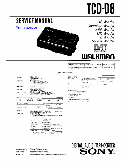 SONY TCD D8 SERVICE MANUAL OF DAT (DIGITAL AUDIO TAPE) SONY PORTABLE TCD D8